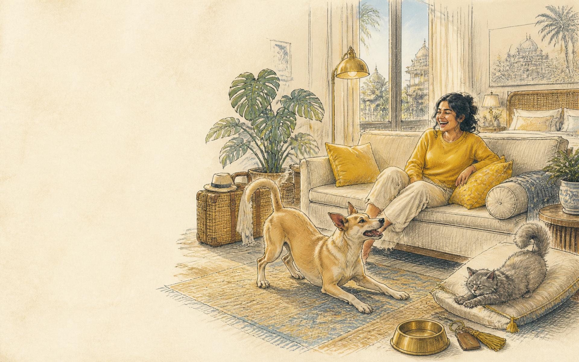 Hand-drawn hotel staycation scene: a woman relaxing on a sofa while an indie dog plays and a cat naps on a cushion