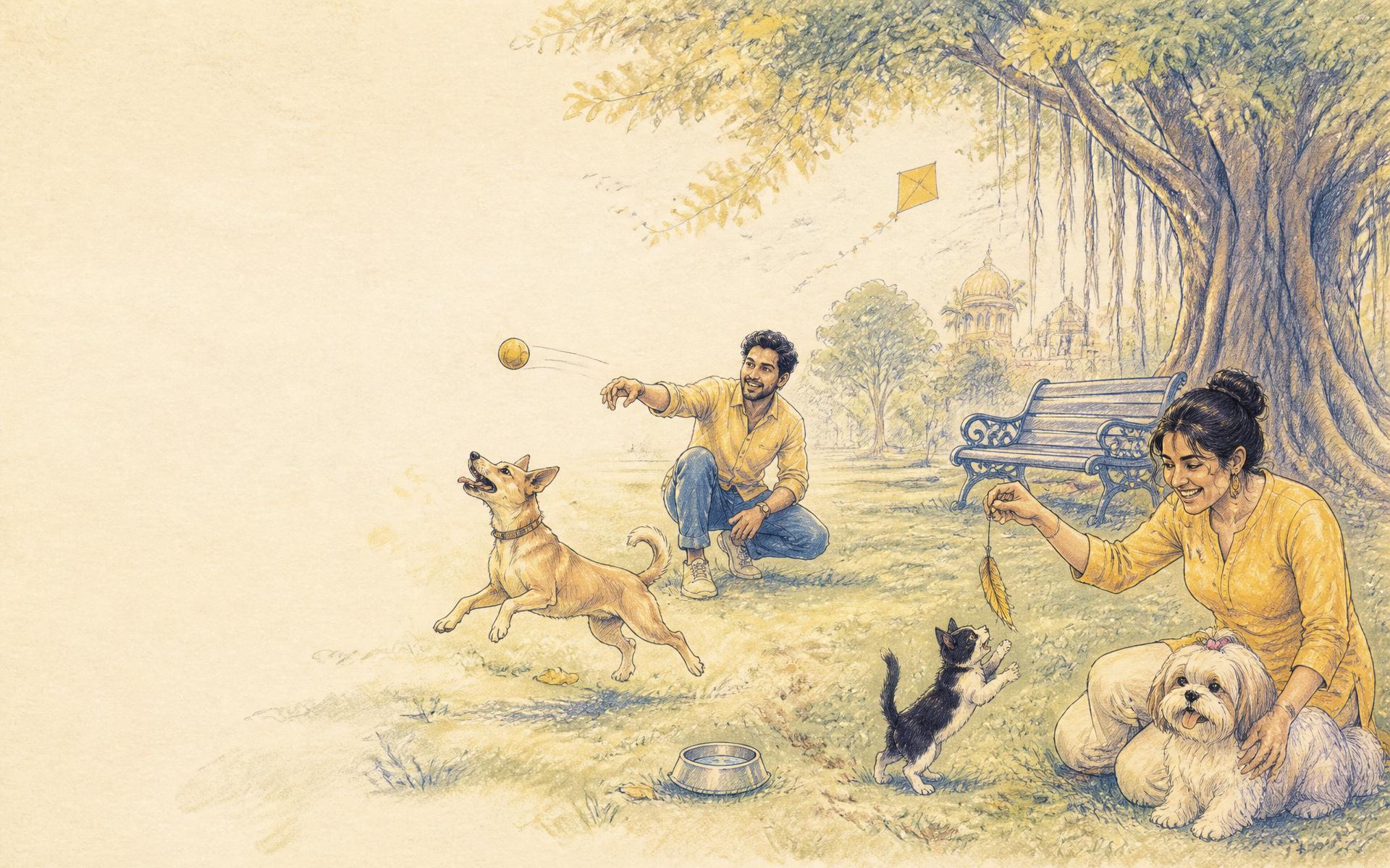 Hand-drawn park scene: a man playing fetch with an indie dog while a woman plays with a kitten and a Shih Tzu on the grass